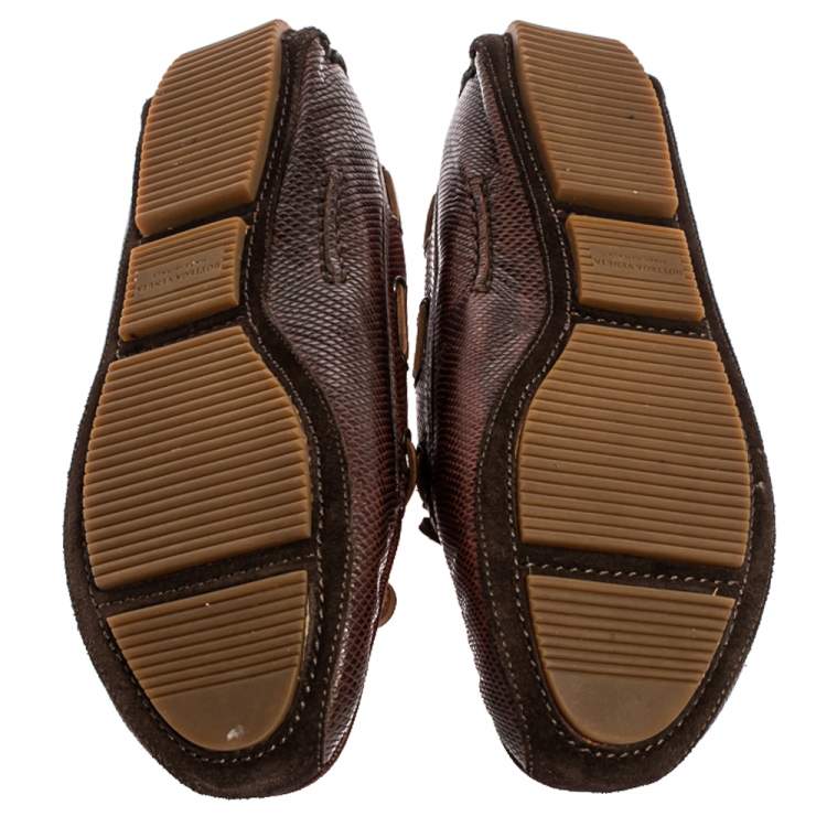Pre Owned Bottega Veneta Brown Karung Leather Bow Slip On Loafers Size 38