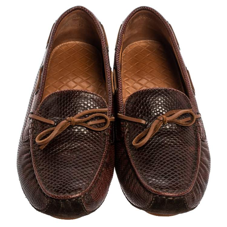 Pre Owned Bottega Veneta Brown Karung Leather Bow Slip On Loafers Size 38