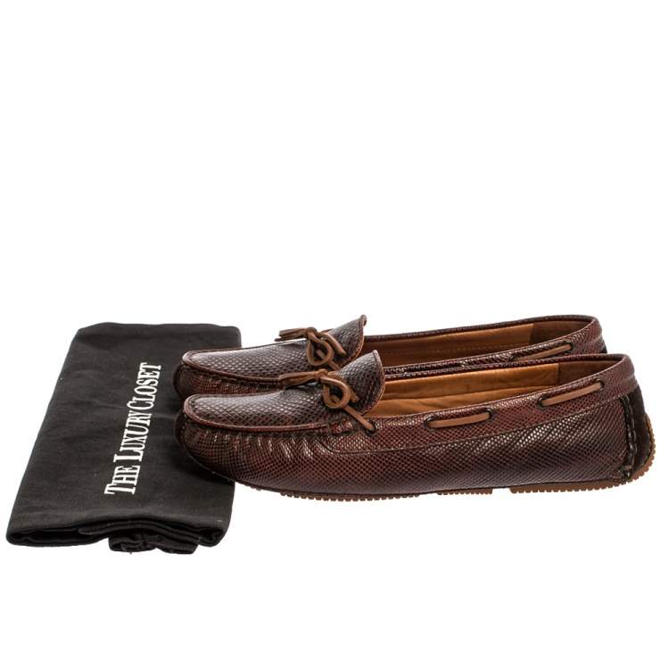 Pre Owned Bottega Veneta Brown Karung Leather Bow Slip On Loafers Size 38