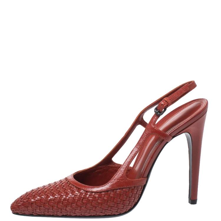 Pre Owned Bottega Veneta Burnt Red Woven Leather Slingback Pumps Size 39.5
