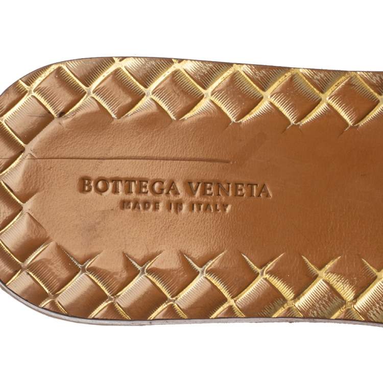 Pre Owned Bottega Veneta Bronze Metallic Leather Intrecciato Flat Slides Size 38