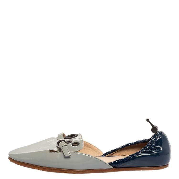 Pre Owned Bottega Veneta Blue/Grey Patent Leather Buckle Detailing Scrunch Ballet Flats Size 36