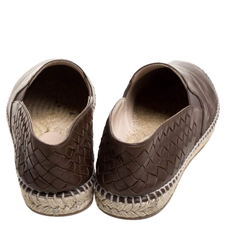 Pre Owned Bottega Veneta Brown Leather Intrecciato Espadrille Flats Size 38