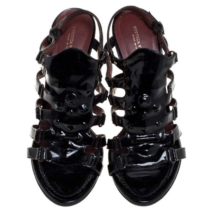 Pre Owned Bottega Veneta Black Patent Leather Cage Sandals Size 40