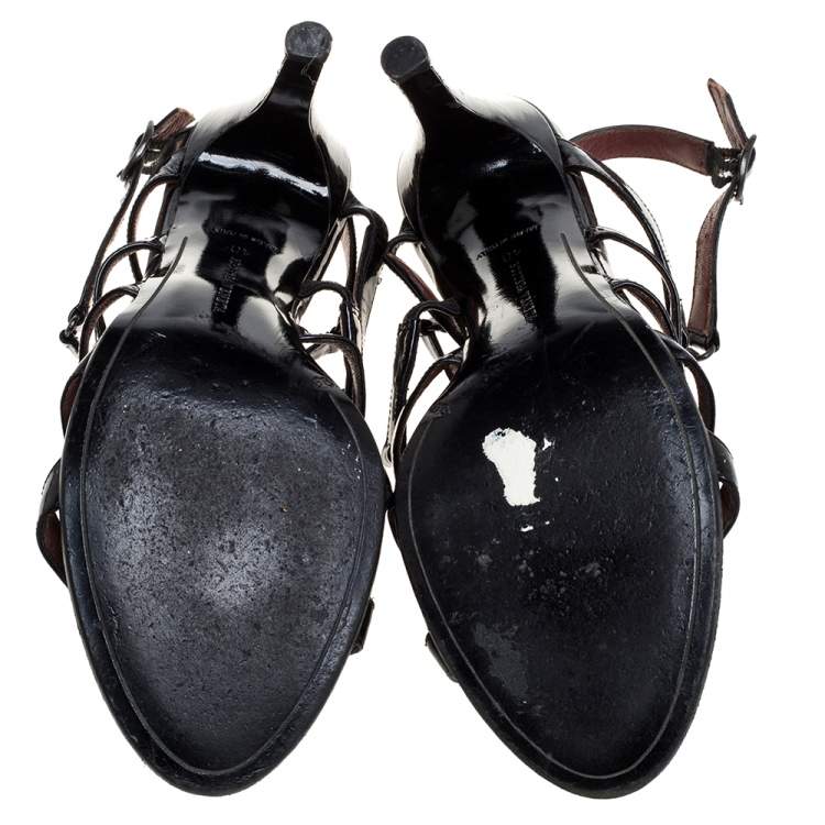 Pre Owned Bottega Veneta Black Patent Leather Cage Sandals Size 40
