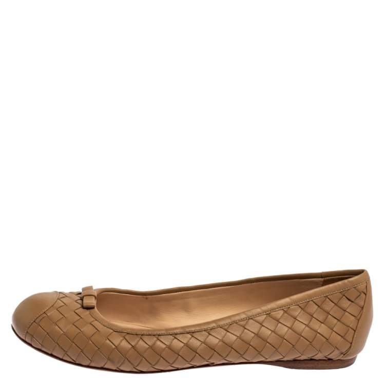 Pre Owned Bottega Veneta Beige Intrecciato Leather Bow Ballet Flats Size 39