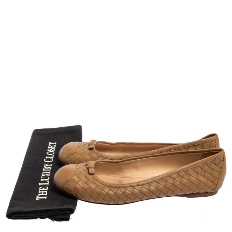 Pre Owned Bottega Veneta Beige Intrecciato Leather Bow Ballet Flats Size 39