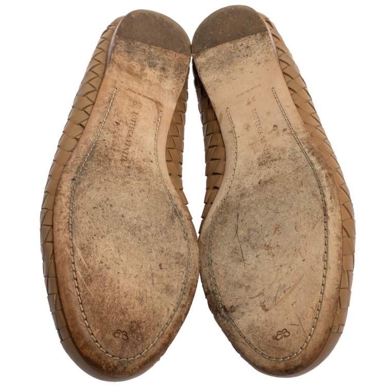 Pre Owned Bottega Veneta Beige Intrecciato Leather Bow Ballet Flats Size 39