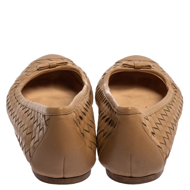 Pre Owned Bottega Veneta Beige Intrecciato Leather Bow Ballet Flats Size 39