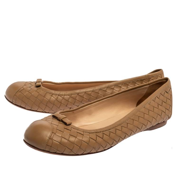 Pre Owned Bottega Veneta Beige Intrecciato Leather Bow Ballet Flats Size 39