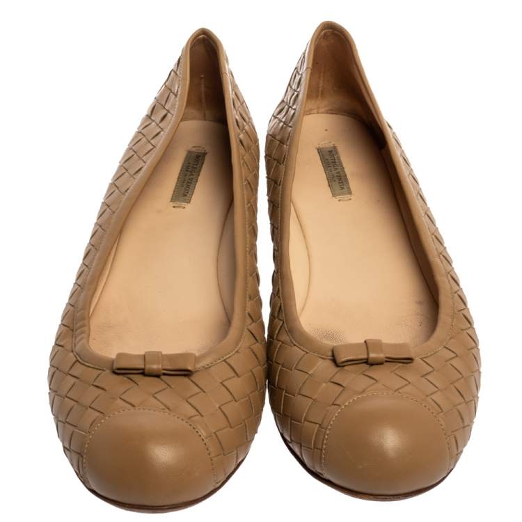 Pre Owned Bottega Veneta Beige Intrecciato Leather Bow Ballet Flats Size 39