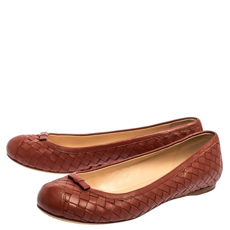 Pre Owned Bottega Veneta Brown Intrecciato Leather Ballet Flats Size 38.5