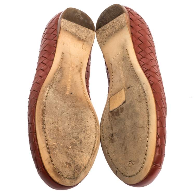 Pre Owned Bottega Veneta Brown Intrecciato Leather Ballet Flats Size 38.5