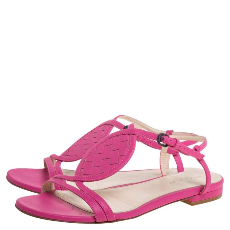 Pre Owned Bottega Veneta Pink Leather Intrecciato Ankle Strap Flat Sandals Size 36