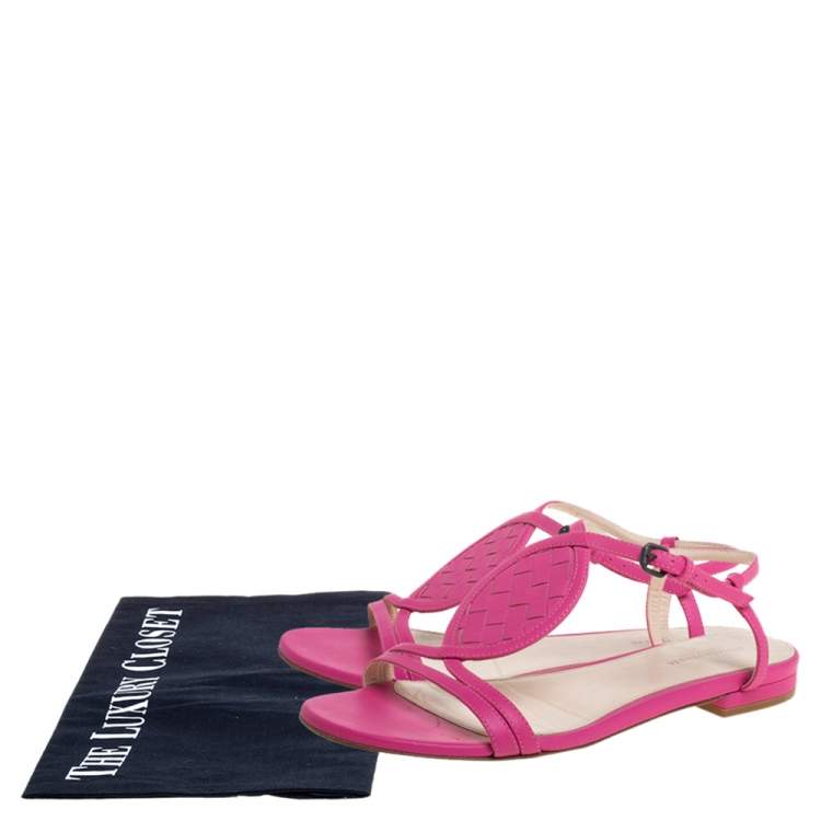 Pre Owned Bottega Veneta Pink Leather Intrecciato Ankle Strap Flat Sandals Size 36