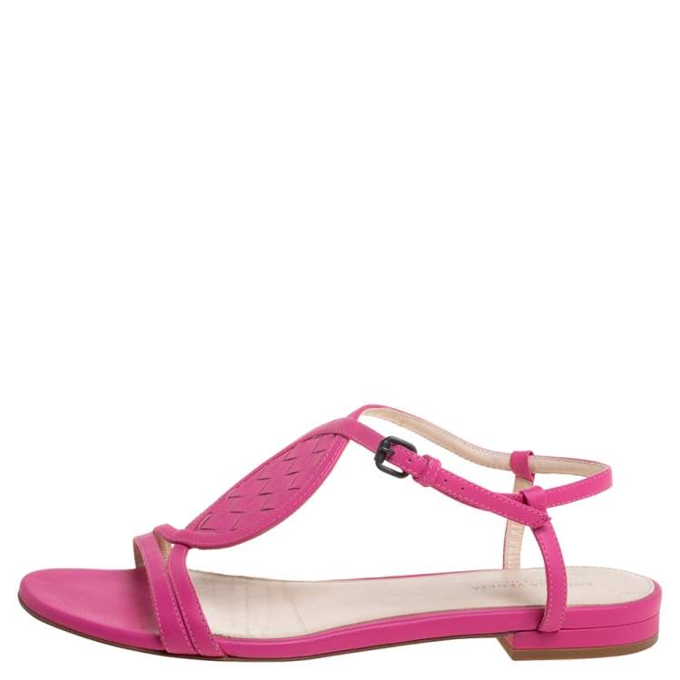Pre Owned Bottega Veneta Pink Leather Intrecciato Ankle Strap Flat Sandals Size 36