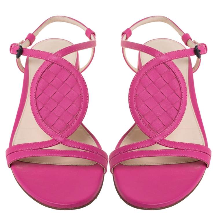 Pre Owned Bottega Veneta Pink Leather Intrecciato Ankle Strap Flat Sandals Size 36