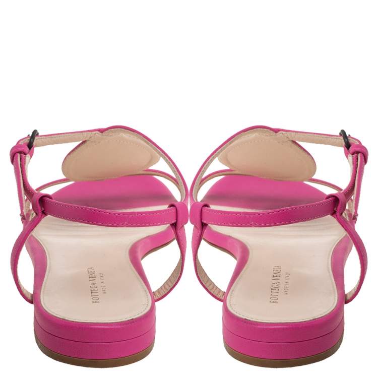 Pre Owned Bottega Veneta Pink Leather Intrecciato Ankle Strap Flat Sandals Size 36
