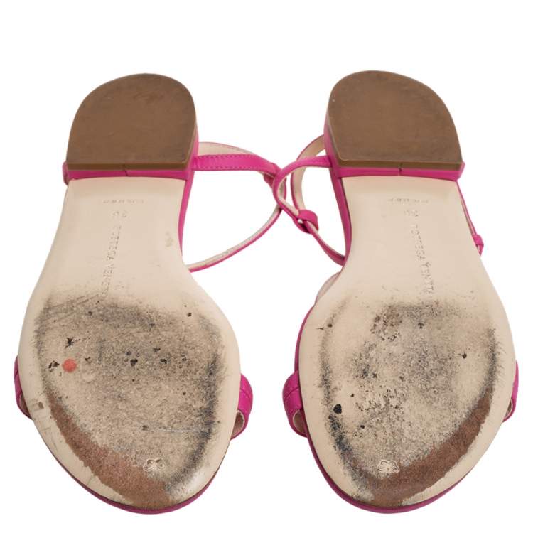 Pre Owned Bottega Veneta Pink Leather Intrecciato Ankle Strap Flat Sandals Size 36