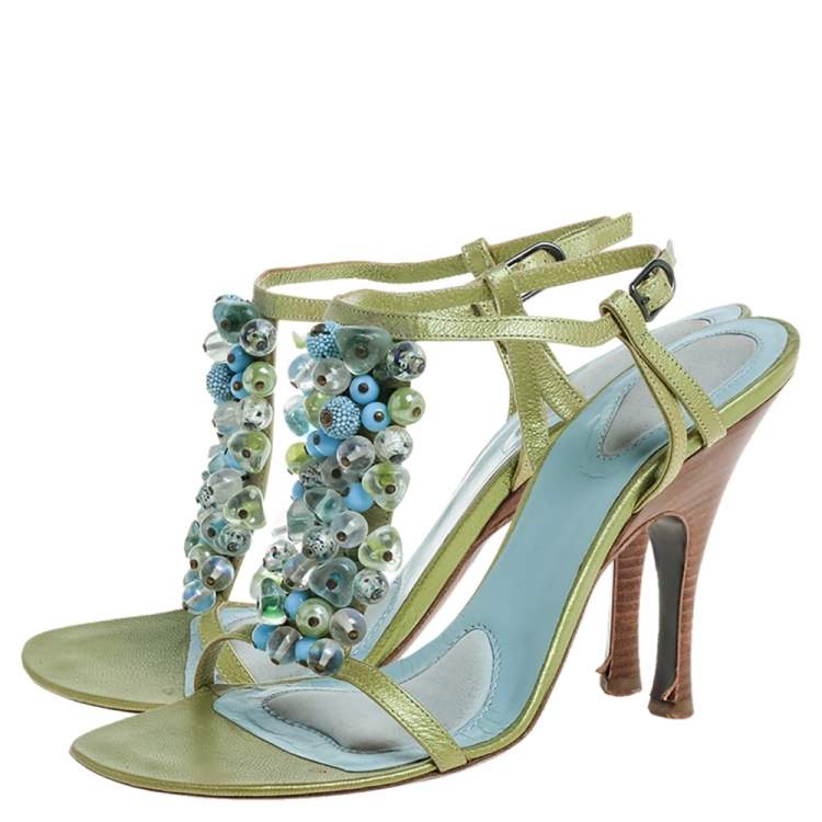 Pre Owned Bottega Veneta Green/Blue Leather Faux Pearls Embellished Open Toe Ankle Strap Sandals Size 38.5
