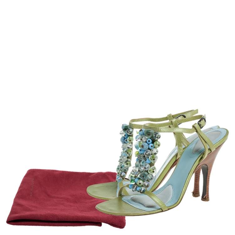 Pre Owned Bottega Veneta Green/Blue Leather Faux Pearls Embellished Open Toe Ankle Strap Sandals Size 38.5