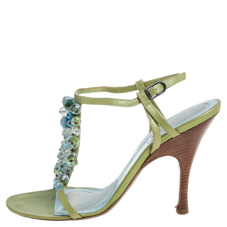 Pre Owned Bottega Veneta Green/Blue Leather Faux Pearls Embellished Open Toe Ankle Strap Sandals Size 38.5