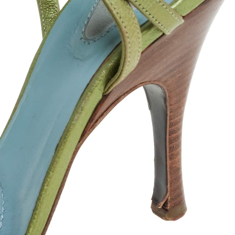 Pre Owned Bottega Veneta Green/Blue Leather Faux Pearls Embellished Open Toe Ankle Strap Sandals Size 38.5