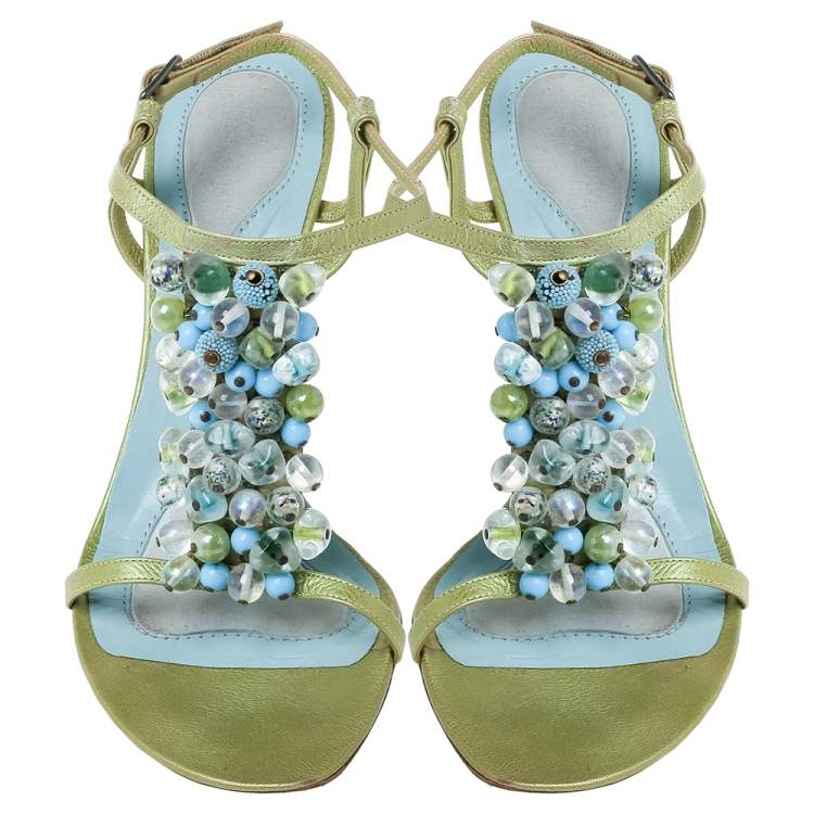 Pre Owned Bottega Veneta Green/Blue Leather Faux Pearls Embellished Open Toe Ankle Strap Sandals Size 38.5