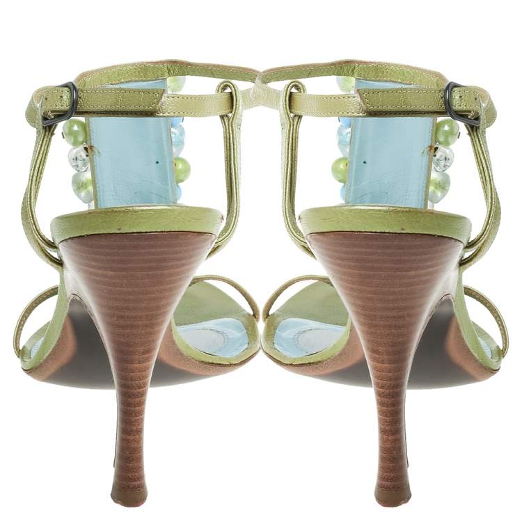 Pre Owned Bottega Veneta Green/Blue Leather Faux Pearls Embellished Open Toe Ankle Strap Sandals Size 38.5