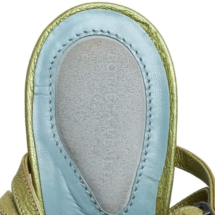 Pre Owned Bottega Veneta Green/Blue Leather Faux Pearls Embellished Open Toe Ankle Strap Sandals Size 38.5