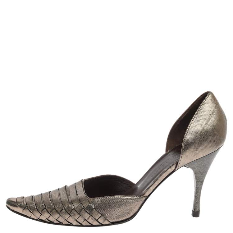 Pre Owned Bottega Veneta Metallic Pale Green Woven Leather D'Orsay Pointed Pumps Size 38
