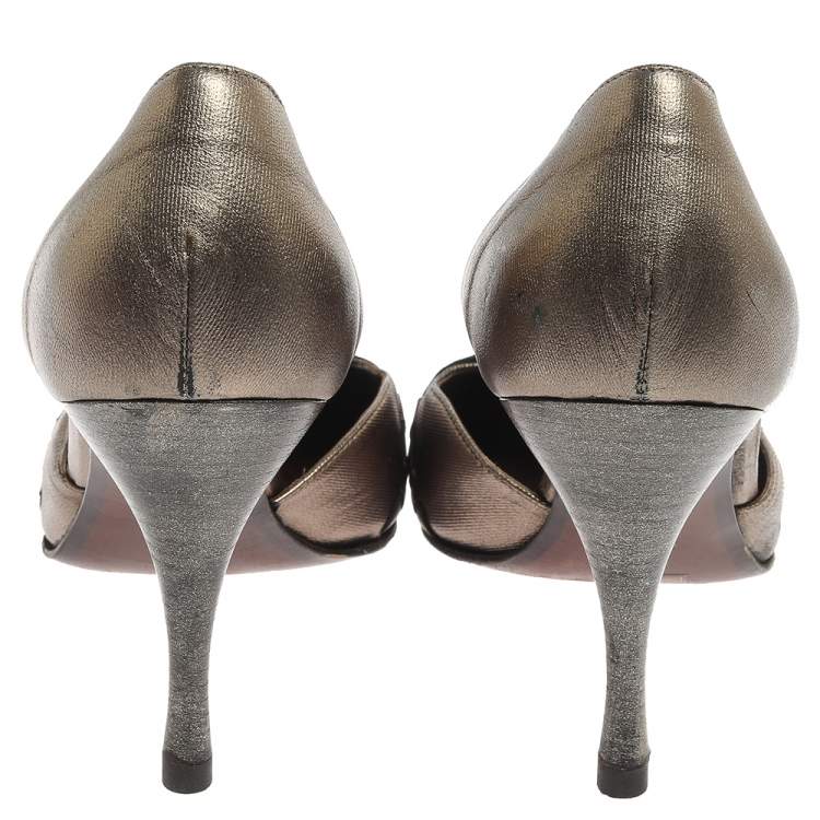 Pre Owned Bottega Veneta Metallic Pale Green Woven Leather D'Orsay Pointed Pumps Size 38