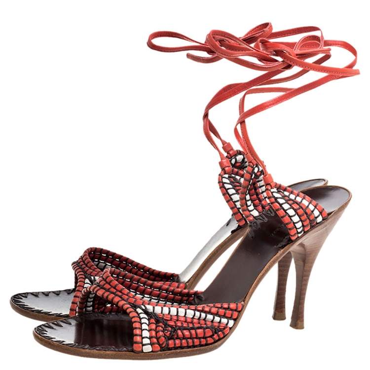 Pre Owned Bottega Veneta Red/White Leather Open Toe Tie Up Sandals Size 40