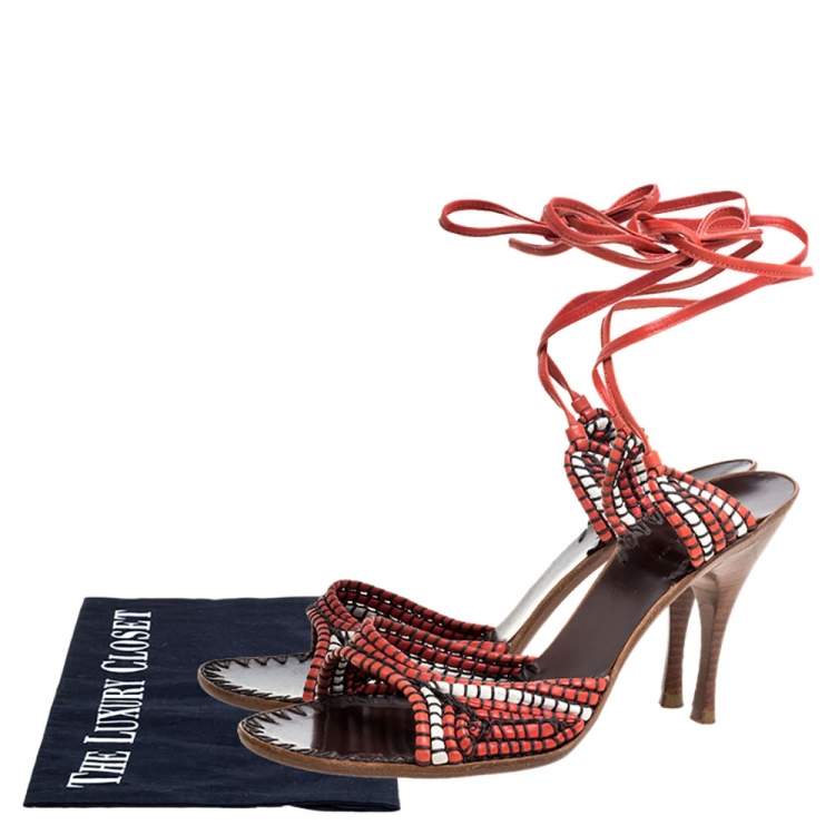 Pre Owned Bottega Veneta Red/White Leather Open Toe Tie Up Sandals Size 40
