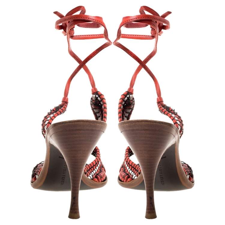 Pre Owned Bottega Veneta Red/White Leather Open Toe Tie Up Sandals Size 40