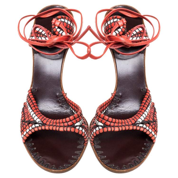 Pre Owned Bottega Veneta Red/White Leather Open Toe Tie Up Sandals Size 40
