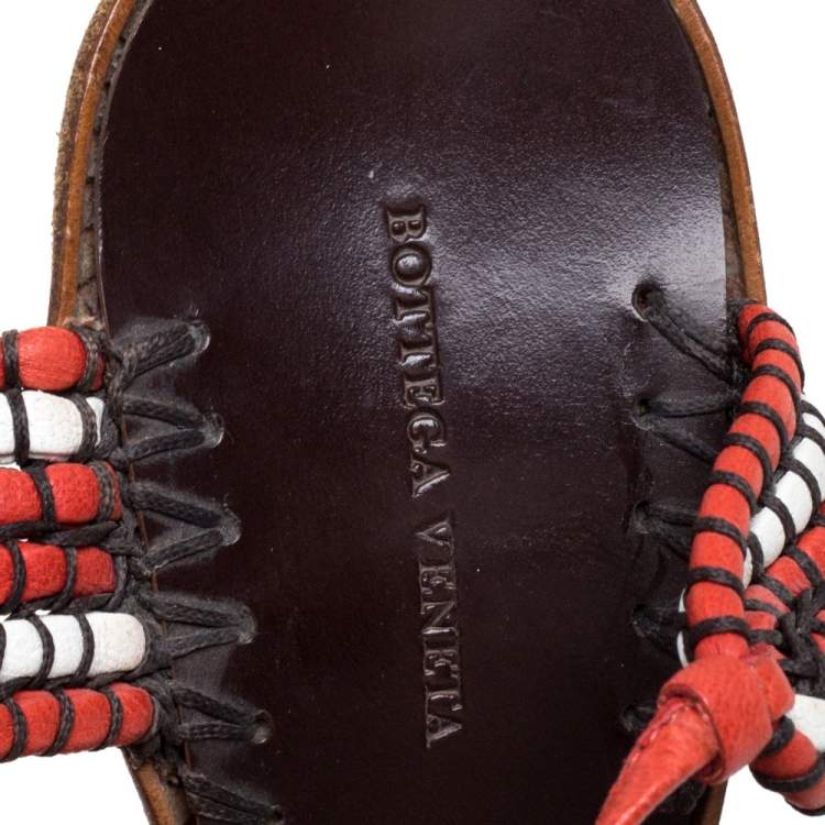 Pre Owned Bottega Veneta Red/White Leather Open Toe Tie Up Sandals Size 40
