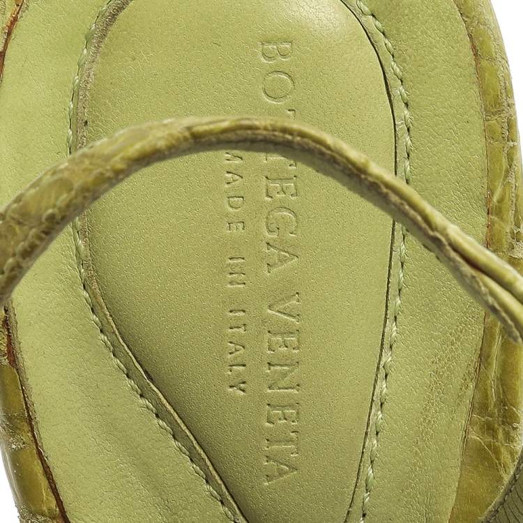 مملوكة مسب�قًا Bottega Veneta Lime Green Croc Embossed Leather Strappy Open Toe Slingback Sandals Size 40.5
