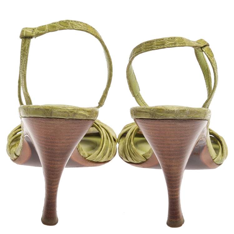 مملوكة مسبقًا Bottega Veneta Lime Green Croc Embossed Leather Strappy Open Toe Slingback Sandals Size 40.5