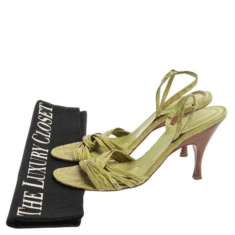 مملوكة مسبقًا Bottega Veneta Lime Green Croc Embossed Leather Strappy Open Toe Slingback Sandals Size 40.5