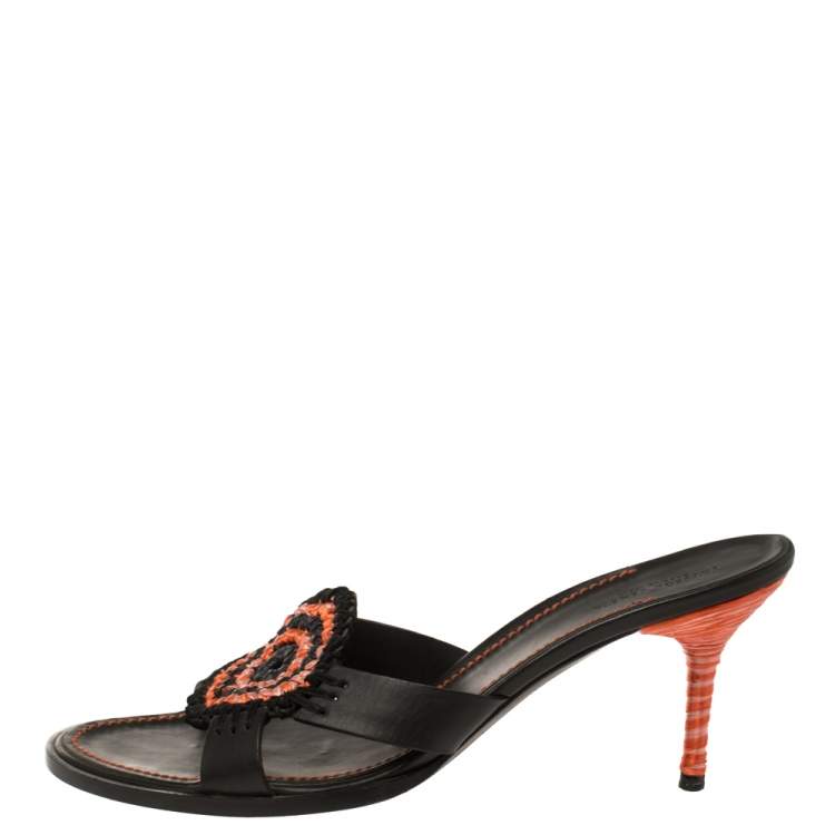 Pre Owned Bottega Veneta Tri Color Raffia And Satin Intrecciato Open Toe Slide Sandals Size 41