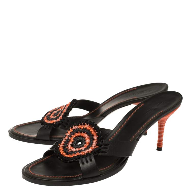Pre Owned Bottega Veneta Tri Color Raffia And Satin Intrecciato Open Toe Slide Sandals Size 41