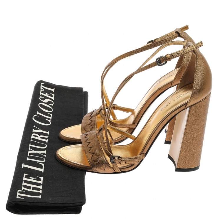 Pre Owned Bottega Veneta Gold Intrecciato Leather Block Heel Sandals Size 37.5