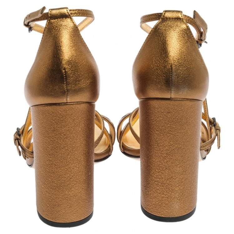 Pre Owned Bottega Veneta Gold Intrecciato Leather Block Heel Sandals Size 37.5