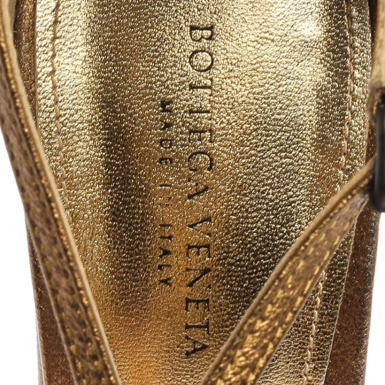 Pre Owned Bottega Veneta Gold Intrecciato Leather Block Heel Sandals Size 37.5