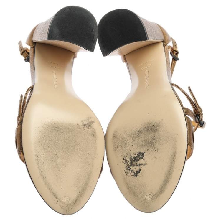 Pre Owned Bottega Veneta Gold Intrecciato Leather Block Heel Sandals Size 37.5