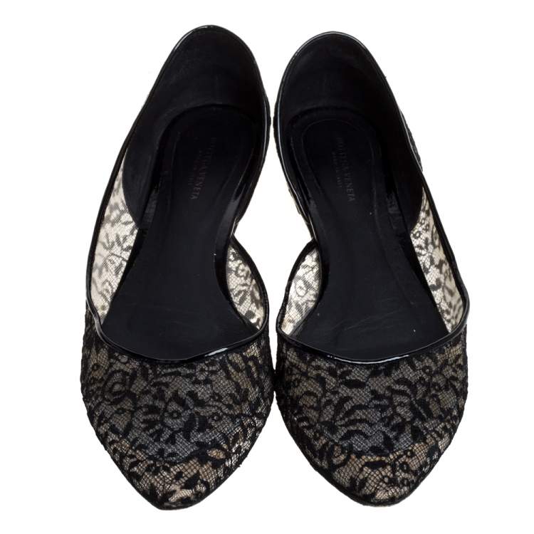 Pre Owned Bottega Veneta Black Lace And Mesh Ballerina Flats Size 38