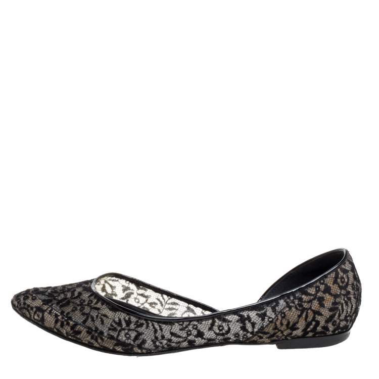 Pre Owned Bottega Veneta Black Lace And Mesh Ballerina Flats Size 38