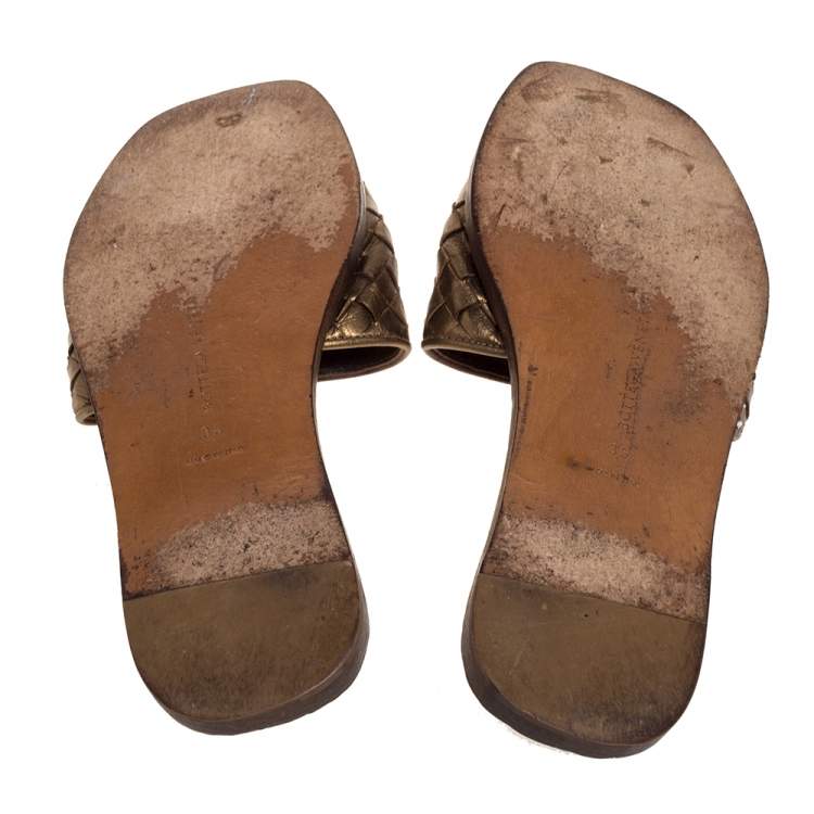 Pre Owned Bottega Veneta Bronze Metallic Intrecciato Leather Flat Slides Size 35