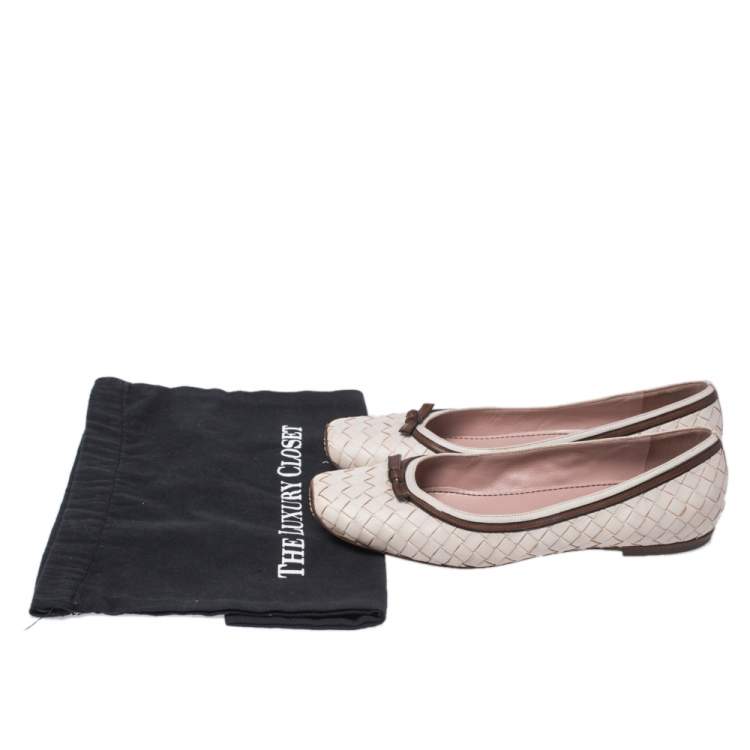 Pre Owned Bottega Veneta White Leather Intrecciato Bow Ballet Flats Size 38
